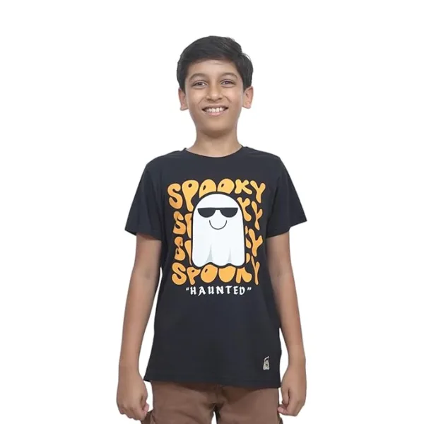 Unisex Kids T-Shirt – Spooky Haunted Digital Print, Black, Cotton-Modal Blend, Softer & More Breathable Than 100% Cotton, Boys & Girls Casual Wear