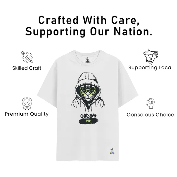 Kids’ Unisex T-Shirt  – Purple “Coder Cat” Cartoon Digital Print | Soft Cotton-Modal Blend, Breathable & Comfortable Everyday Wear, Stylish Graphic Tee for Boys & Girls