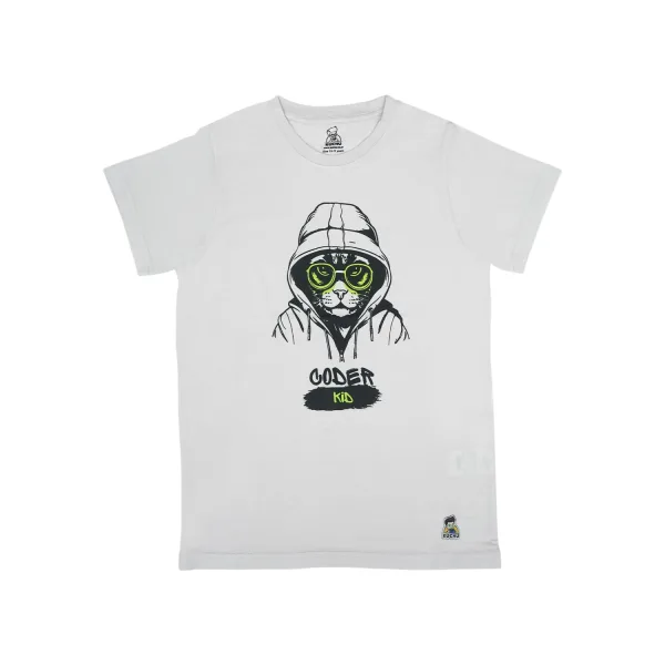 Kids’ Unisex T-Shirt  – Purple “Coder Cat” Cartoon Digital Print | Soft Cotton-Modal Blend, Breathable & Comfortable Everyday Wear, Stylish Graphic Tee for Boys & Girls