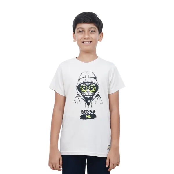 Kids’ Unisex T-Shirt  – Purple “Coder Cat” Cartoon Digital Print | Soft Cotton-Modal Blend, Breathable & Comfortable Everyday Wear, Stylish Graphic Tee for Boys & Girls