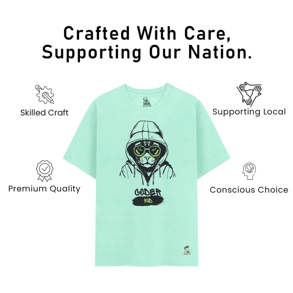 Kids’ Unisex T-Shirt  – Purple “Coder Cat” Cartoon Digital Print | Soft Cotton-Modal Blend, Breathable & Comfortable Everyday Wear, Stylish Graphic Tee for Boys & Girls