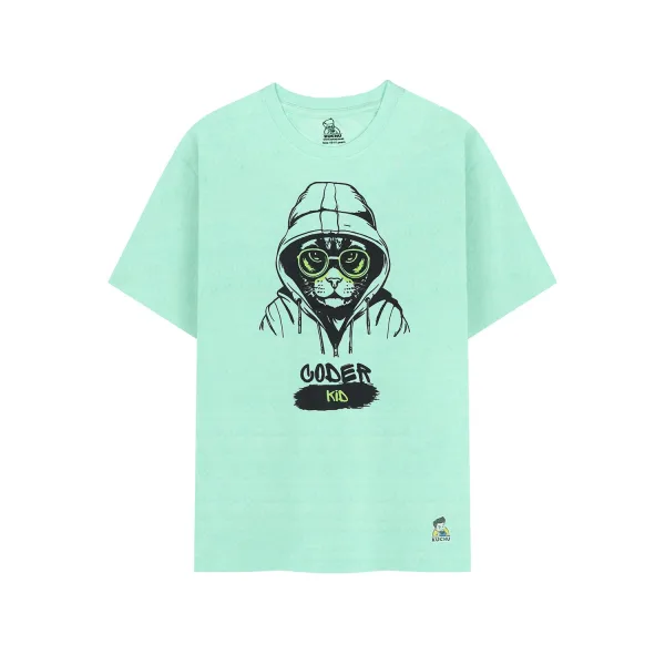 Kids’ Unisex T-Shirt  – Purple “Coder Cat” Cartoon Digital Print | Soft Cotton-Modal Blend, Breathable & Comfortable Everyday Wear, Stylish Graphic Tee for Boys & Girls