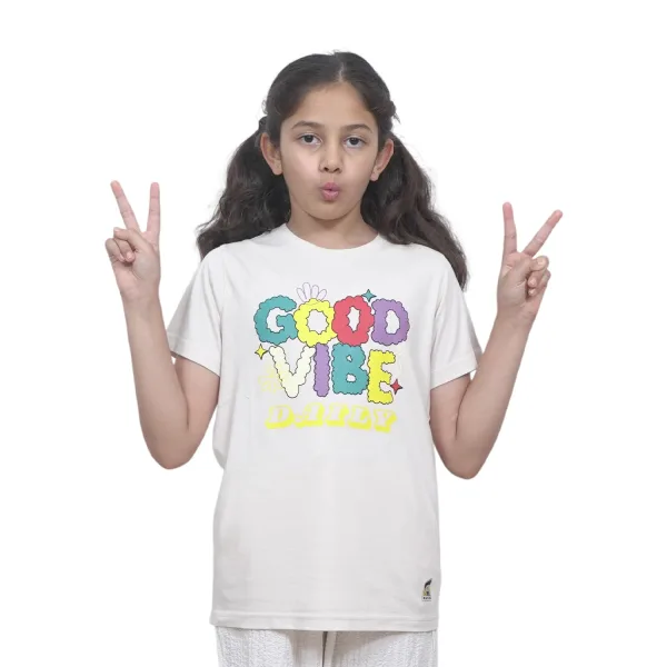 Kids’ Unisex T-Shirt for (Light Gray) “Good Vibes” Digital Print | Cotton-Modal Blend | Soft, Breathable, and Durable Casual Wear for Boys & Girls