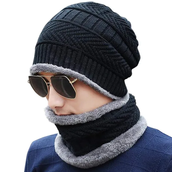 Winter Woolen Hat and Scarf Neck Scarf Warm Knit Hat Thick Fleece Lined Winter Hat & Scarf for Men Women