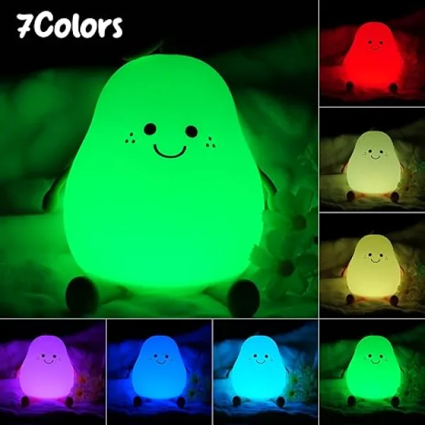 Night Light Pear Cute LED Nursery Nightlight Lamp, Tap Control Squishy Silicone, USB Rechargeable Bedside Lamp for Bedroom, Warm White & 7 Colors, Christmas Gift for Kids Girls Boys (Pear)