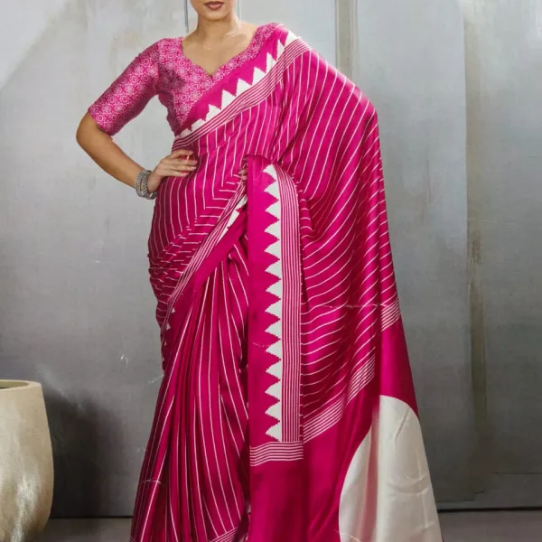 Pure Ajrakh Modal Silk Saree with BP | Handcrafted Pink & White Printed Saree with Designer Border