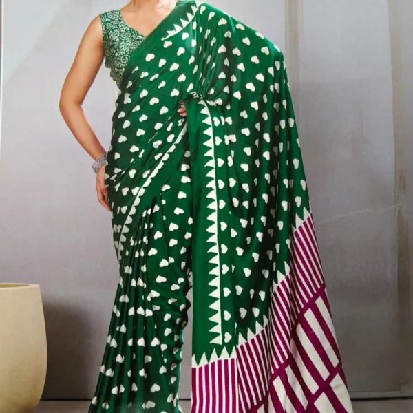 Pure Ajrakh Modal Silk Saree with BP | Handcrafted Green & White Printed Saree with Designer Border