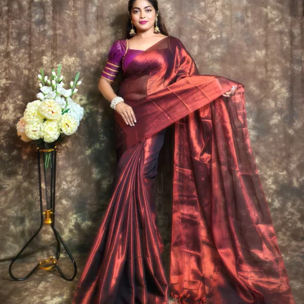 Plain Tissue Saree with Blouse Piece | Elegant Solid Shimmer Saree for Festive & Party Wear