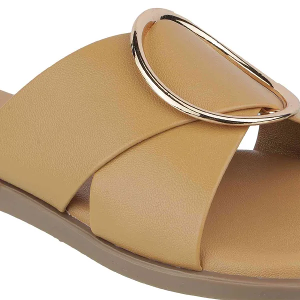 Women’s Soft Flat Sandals | Slip-On Mules with Broad Cross Strap & Gold Buckle