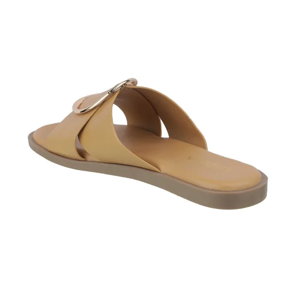 Women’s Soft Flat Sandals | Slip-On Mules with Broad Cross Strap & Gold Buckle