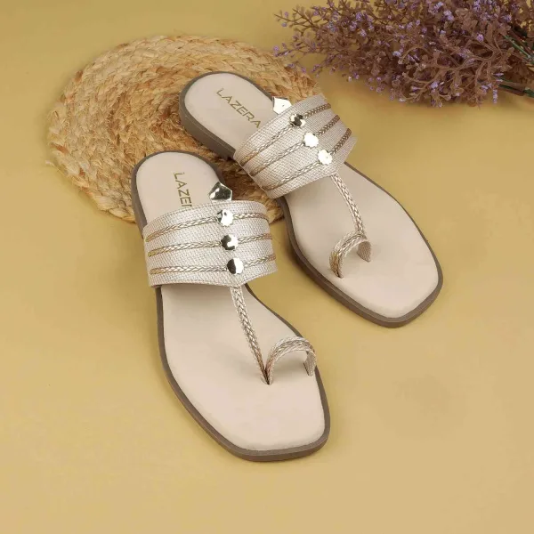 Women’s Indo-Western Kolhapuri Toe-Ring Flats | Braided & Shimmer Straps