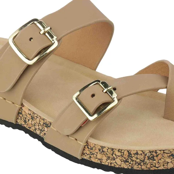 Women’s Double-Strap Cork Slides | Adjustable Buckle Toe-Loop Flats