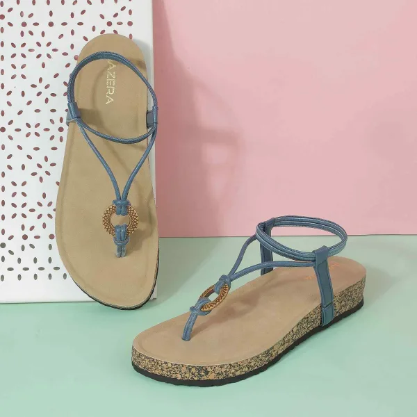 Women’s Boho Thong Flats | Blue Elastic Toe-Ring Design with Wooden Accent | Cork Footbed