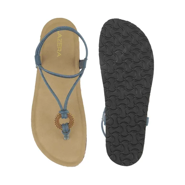 Women’s Boho Thong Flats | Blue Elastic Toe-Ring Design with Wooden Accent | Cork Footbed