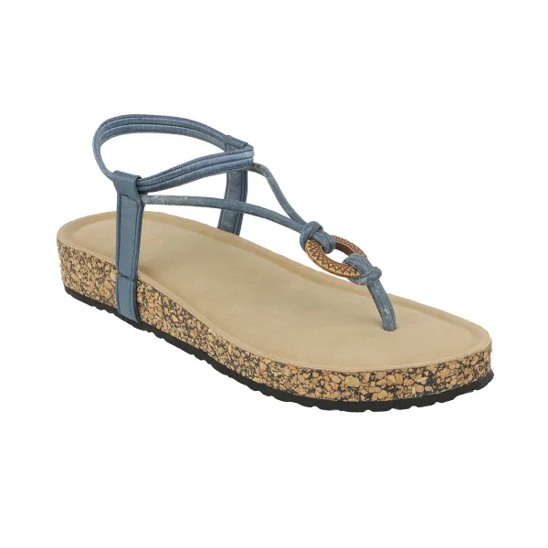 Women’s Boho Thong Flats | Blue Elastic Toe-Ring Design with Wooden Accent | Cork Footbed