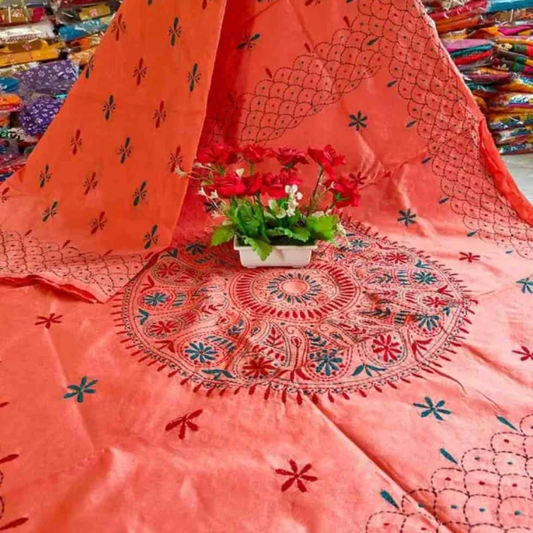 Traditional Authentic Handwoven Kantha Stitch Raw Silk Saree with Blouse Piece | Handcrafted Kantha Work Saree