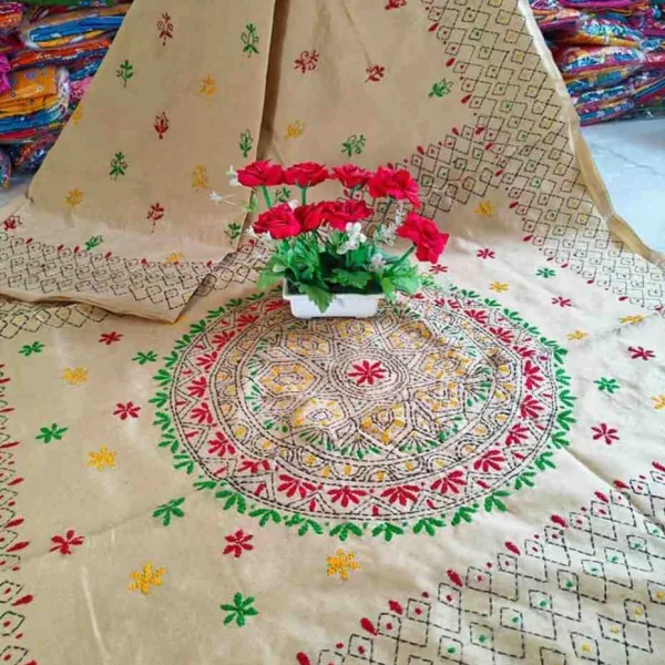 Traditional Authentic Handwoven Kantha Stitch Raw Silk Saree with Blouse Piece | Handcrafted Kantha Work Saree