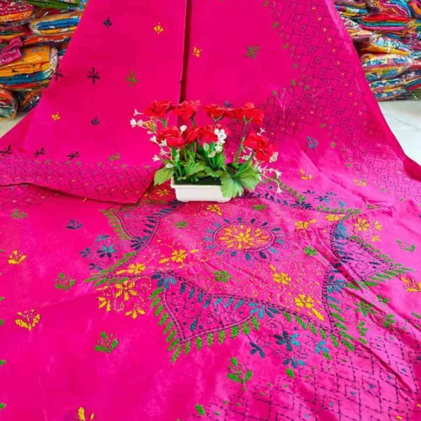 Traditional Authentic Handwoven Kantha Stitch Raw Silk Saree with Blouse Piece | Handcrafted Kantha Work Saree