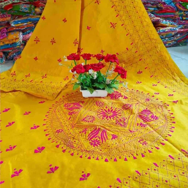 Traditional Authentic Handwoven Kantha Stitch Raw Silk Saree with Blouse Piece | Handcrafted Kantha Work Saree