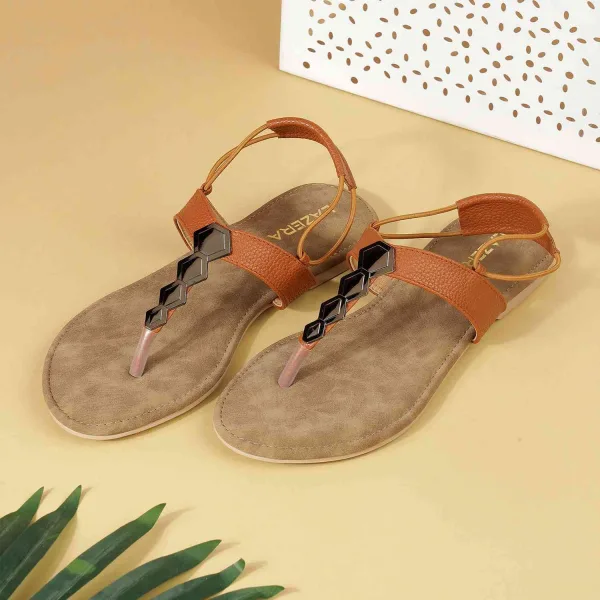 Women’s Toe-Ring Flats | Back Strap T-Strap with Silver Hexagon Detail | Casual/Ethnic