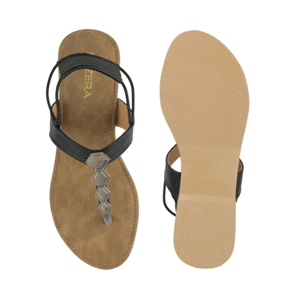 Women’s Toe-Ring Flats | Back Strap T-Strap with Silver Hexagon Detail | Casual/Ethnic