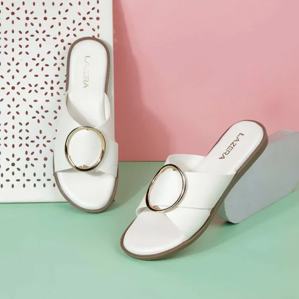 Women’s Soft Flat Sandals | Slip-On Mules with Broad Cross Strap & Gold Buckle