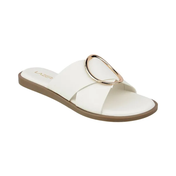 Women’s Soft Flat Sandals | Slip-On Mules with Broad Cross Strap & Gold Buckle