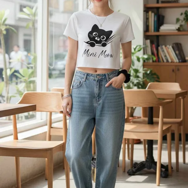 CAT GRAPHIC PRINTED CROP TEE