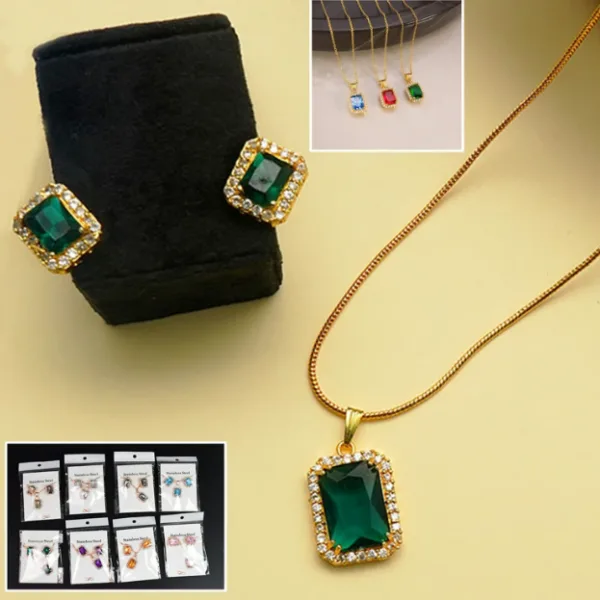 Stone Pendant Necklace Chain Set with Matching Earrings