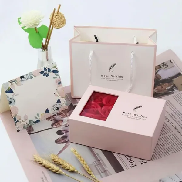 Jewellery Gift Box with Lid & Rose Packaging Box with 6 Artificial Roses (1 Set)