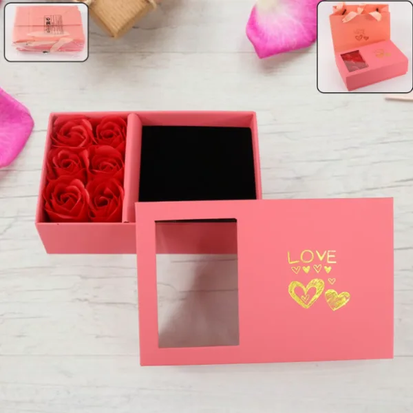 Jewellery Gift Box with Window Lid & Rose Packaging (6 Roses)1 Set