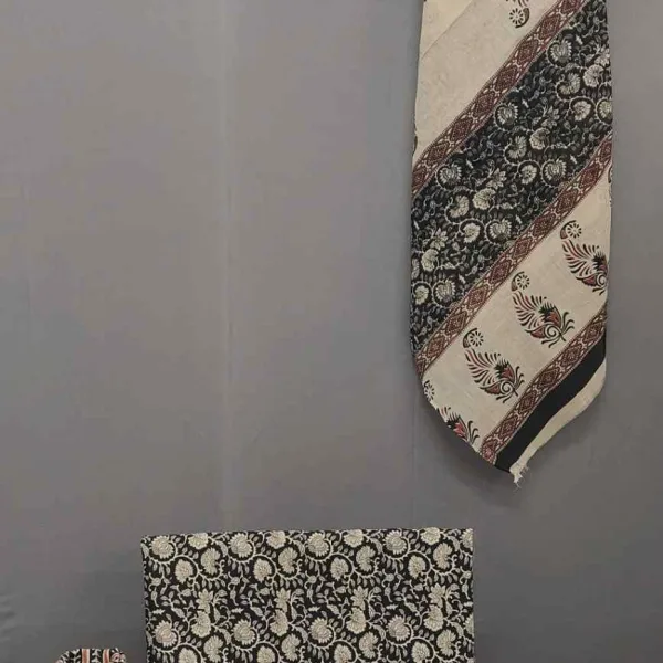 Black & Beige Hand Block Print Unstitched Suit Set- Winnxi