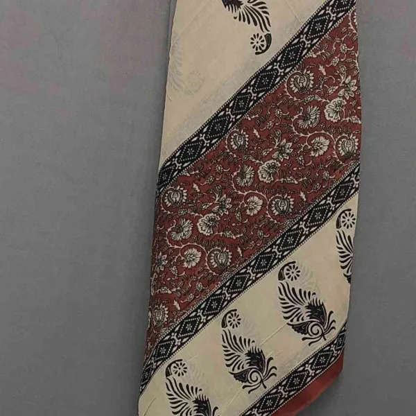 Red Floral Block Print Unstitched Cotton Suit Set- Winnxi