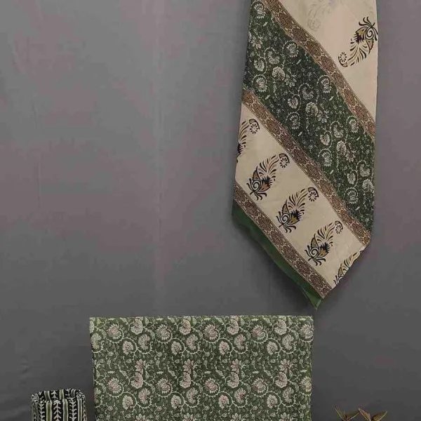 Green Hand Block Print Unstitched Pure Cotton Suit Set- Winnxi