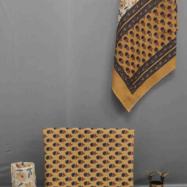 Mustard Beige Cotton Block Print Suit with Duppatta