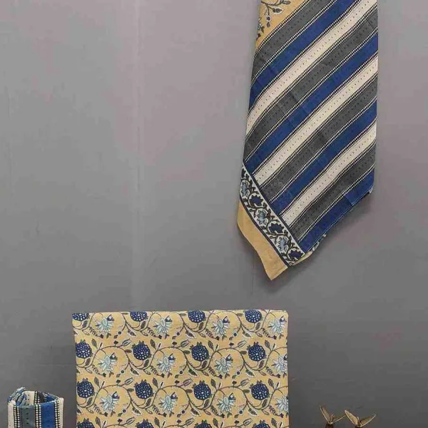 Beige Indigo Block Print Cotton Suit Set Unstitched
