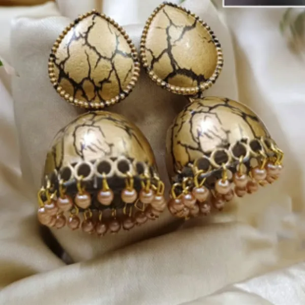 Antique Gold Crackle Finish Jhumka Earrings with Pearl Drops