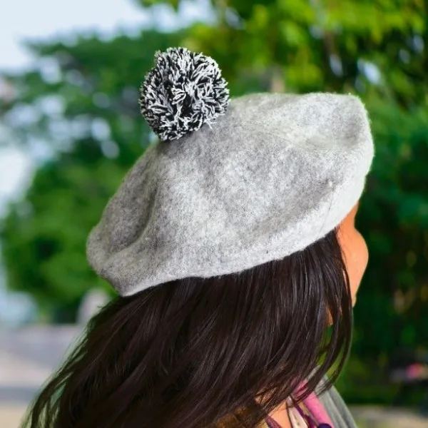 Woolen Beret Cap with Pom-Pom for Women