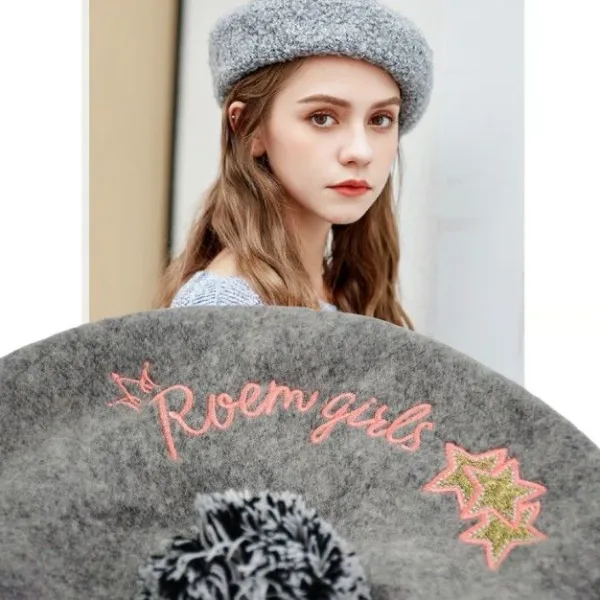 Woolen Beret Cap with Pom-Pom for Women