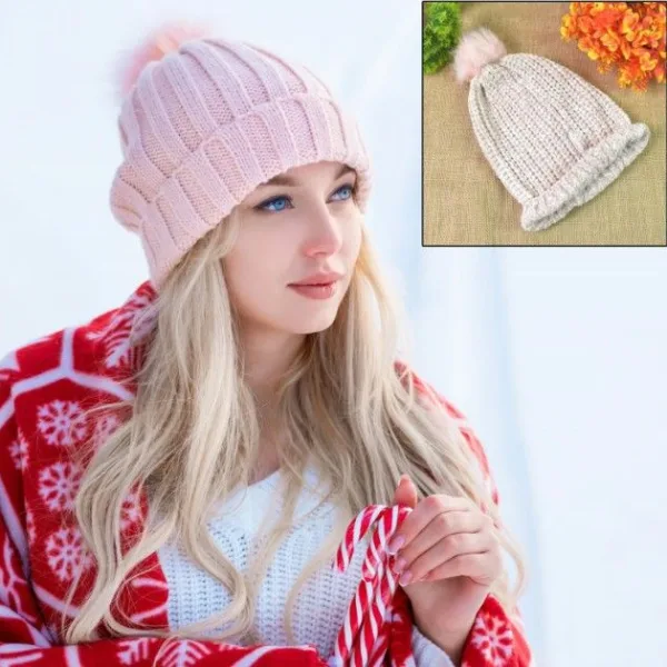 Women’s Winter Knit Beanie with Faux Fur Pom-Pom