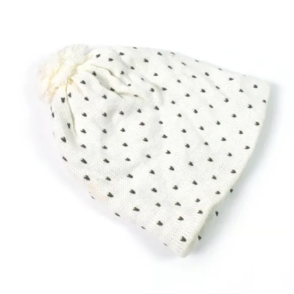 Heart Print Knit Beanie with Pom-Pom