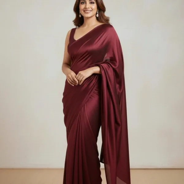 Pure Plain Satin Silk Saree with Matching Blouse Piece