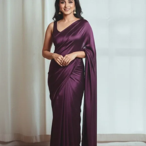 Pure Plain Satin Silk Saree with Matching Blouse Piece