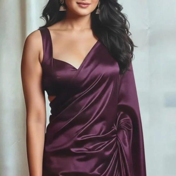 Pure Plain Satin Silk Saree with Matching Blouse Piece