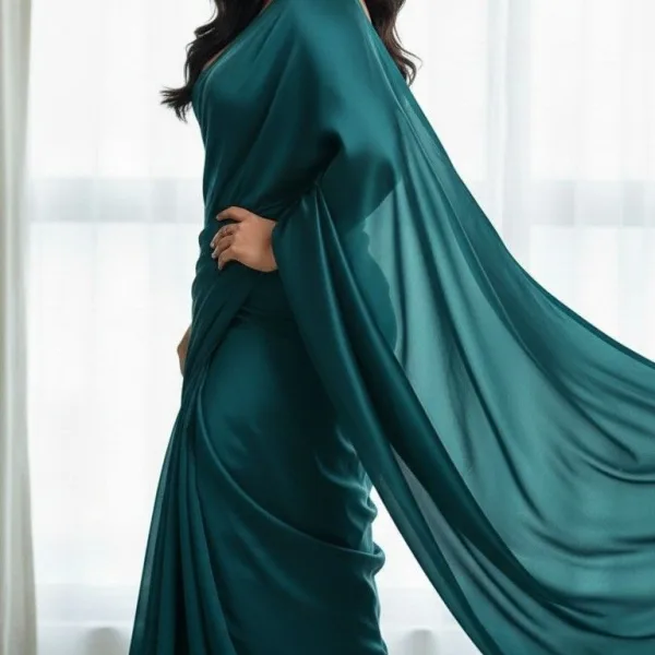 Pure Plain Satin Silk Saree with Matching Blouse Piece