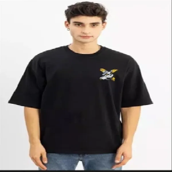 Men’s Black Graphic Printed Oversized T-Shirt – Panda Back Print Streetwear Cotton Round Neck Tee