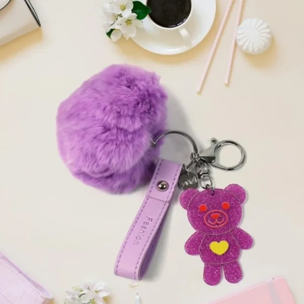 Cute Cartoon Keychain with Fluffy Pom (1 Pc)