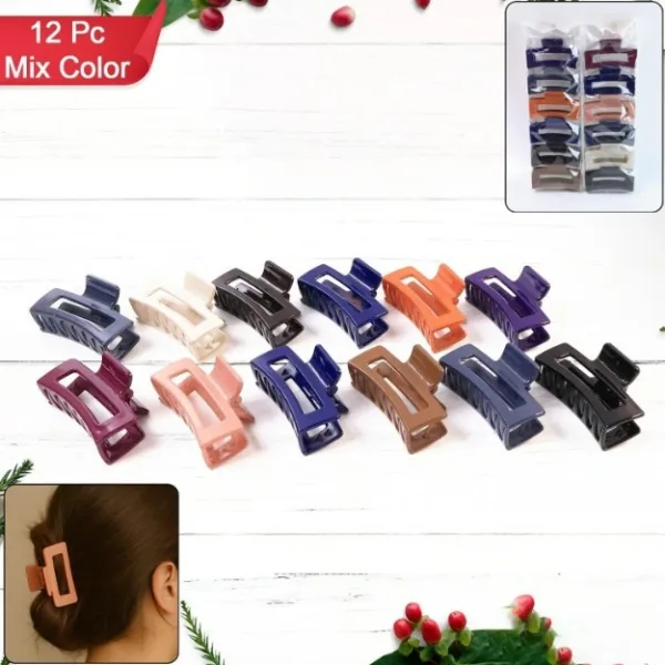 Matte Finish Rectangle Hair Claw Clip for Women and Girls – Assorted Color Pack – 12 Pc